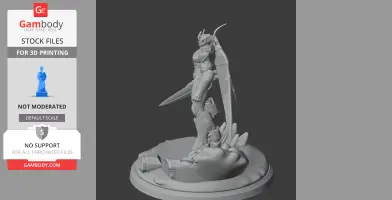 Armored figure with wing-like extensions and blade, standing on a detailed base for 3D printing.