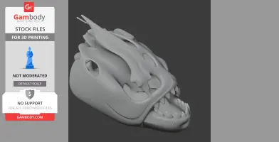 A 3D model of a detailed, textured dinosaur skull, designed for 3D printing.