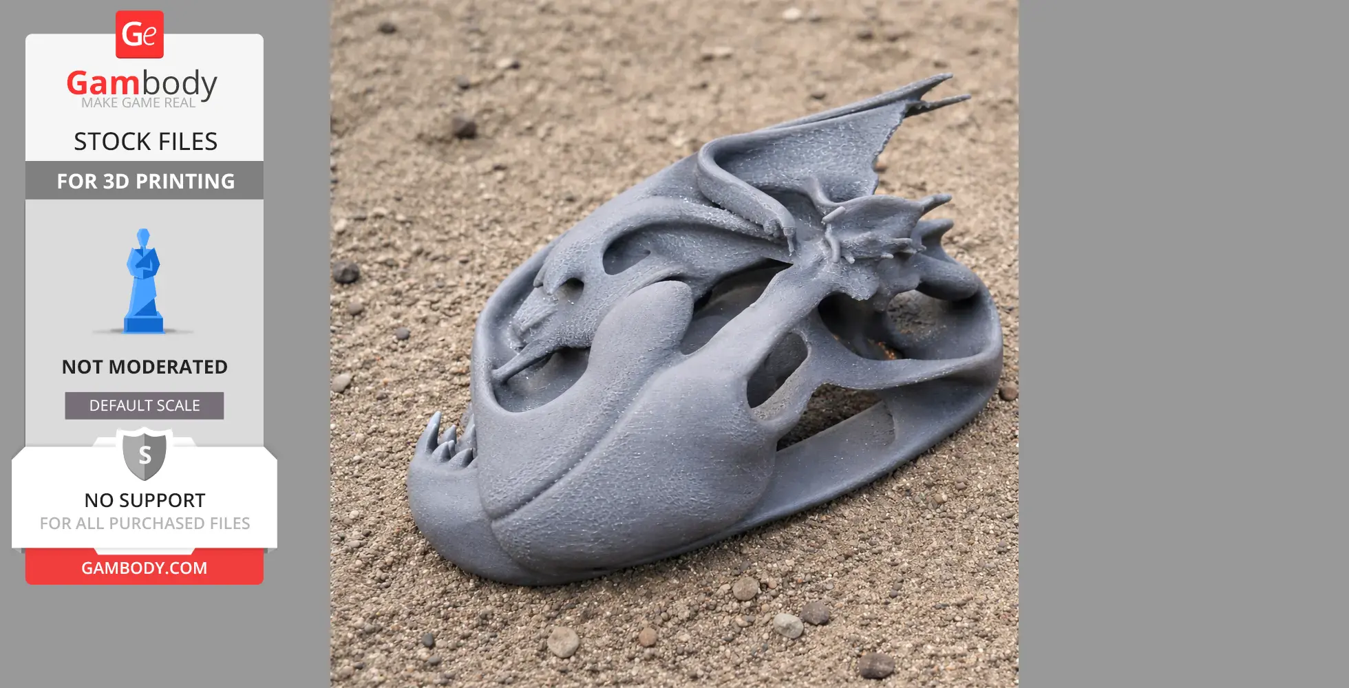 Gray 3D-printed Poekilopleuron skull replica, textured and resting on a sandy surface.