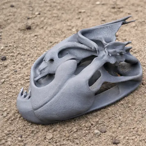 3D-printed Poekilopleuron skull replica in gray, resting on textured ground.