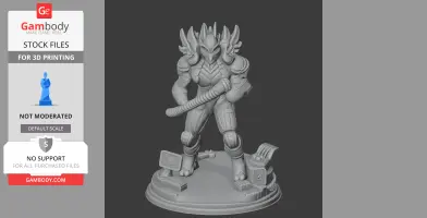 Armored figure with helmet and spikes, holding a weapon, standing on a detailed base for 3D printing.