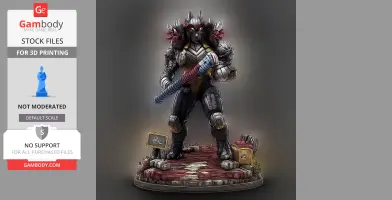 Armored character with glowing eyes, holding a striped staff, on a rocky platform with decorative elements.