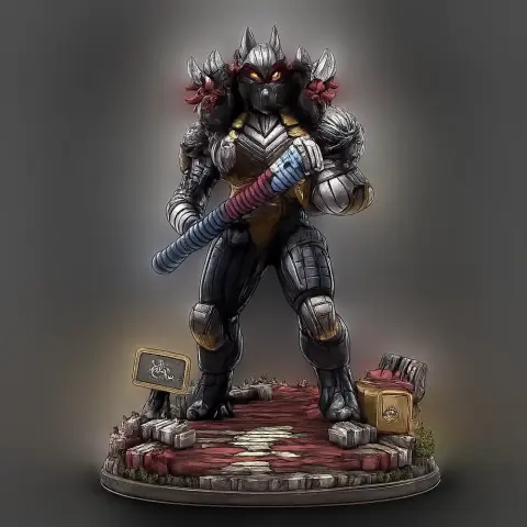 Armored figure with glowing eyes holding a striped weapon, standing on a detailed base with signs.