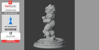 A detailed 3D model of a character with intricate armor and wings, standing on a circular base.