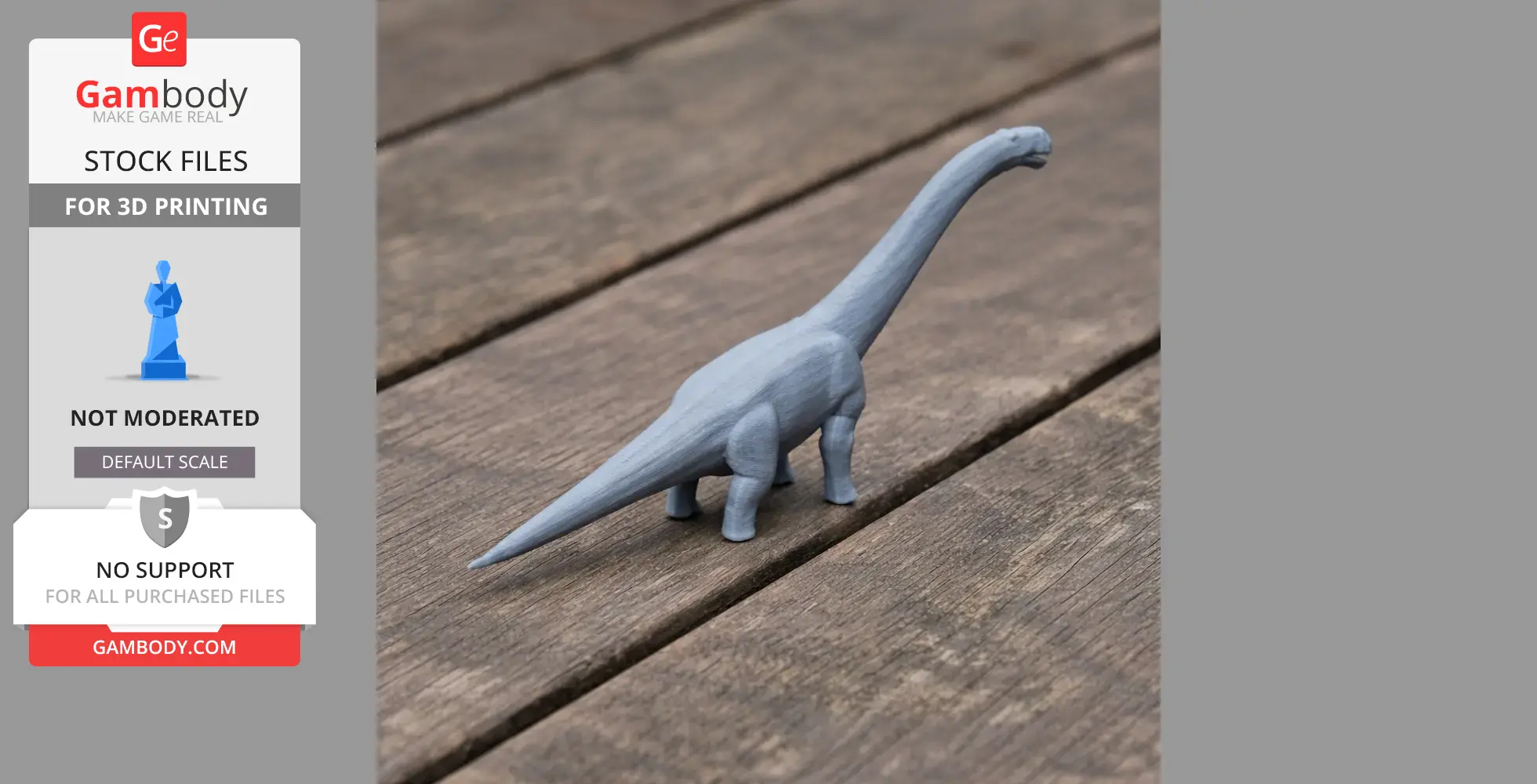 Gray 3D-printed model of a long-necked dinosaur on a wooden surface.