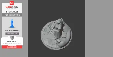 A detailed figure of a person in a coat, standing on a circular base with items like books and tools.