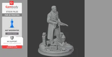 Man in trench coat holding gun, standing on a detailed base with crates and objects.
