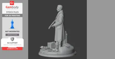 A 3D model of a man in a long coat holding a gun, standing on a detailed base with crates and objects.