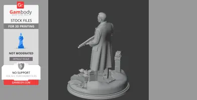 A 3D figure of a man in a long coat holding a rifle, standing on a detailed urban base.