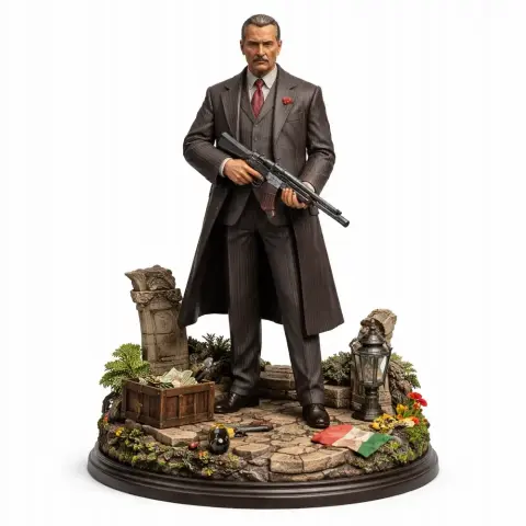 Mafia boss figure in a suit holding a gun, standing on a detailed base with a flag and vintage objects.