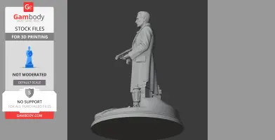 A detailed 3D model of a man in a long coat holding a rifle, standing on a decorative base.