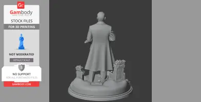 3D printed figure of a man in a long coat standing on a detailed base with small architectural features.