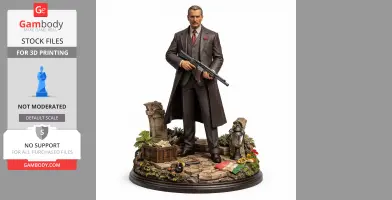 Elegant man in a suit holding a rifle, standing on a detailed stone base with various props.