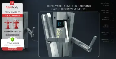 Futuristic robot with deployable arms for carrying cargo or crew, features a digital interface on the chest.