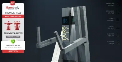 Angular robot model with 'TARS' text, featuring extendable arms and screen details for 3D printing.