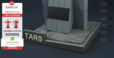 A blocky robot model labeled 'TARS' on a textured base for 3D printing.