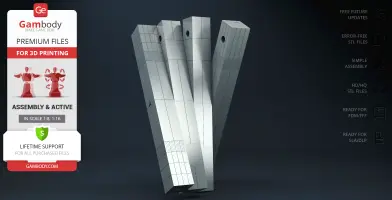 Vertical, rectangular metal-like robot columns with dark grey backdrop.