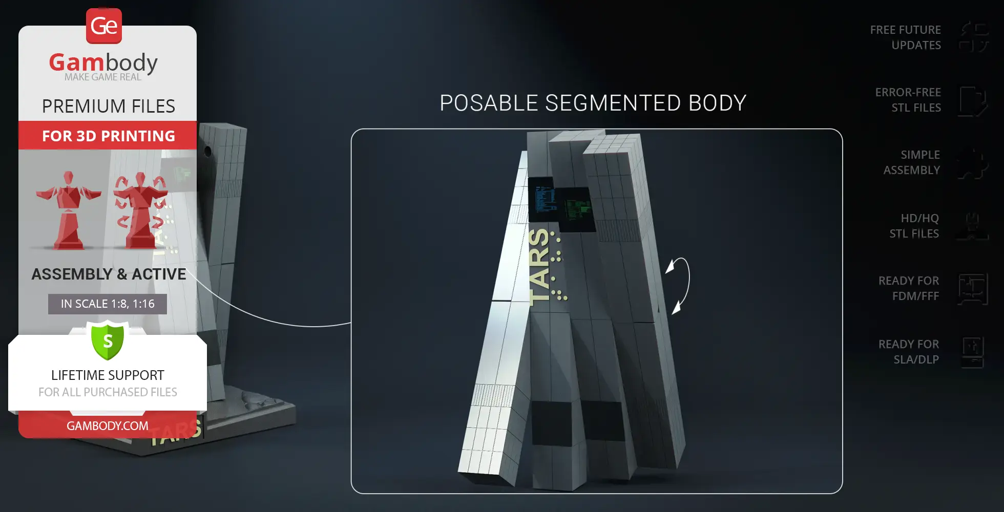 Posable segmented TARS robot figure from Interstellar with assembly details for 3D printing.