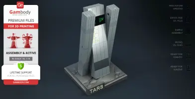 Futuristic, rectangular robot model 'TARS' from Interstellar on a display base.