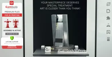 TARS robot model from 'Interstellar' for 3D printing with assembly options on a display platform.