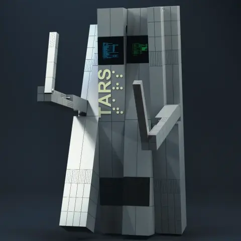 Blocky, metallic TARS robot model with articulated limbs and panel displays, inspired by the movie Interstellar.