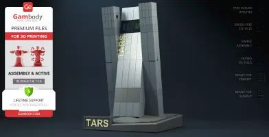 TARS robot model from Interstellar, upright, gray, with a digital display and labeled base for 3D printing.