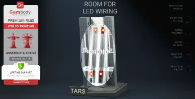 Model of TARS robot from 'Interstellar,' display with areas for LED wiring, on a base with the nameplate.
