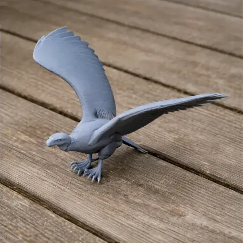 Gray 3D-printed model of Argentavis, a prehistoric bird, with wings spread, on a wooden surface.