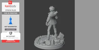A detailed figure of a character standing on a circular base with tech and debris elements.