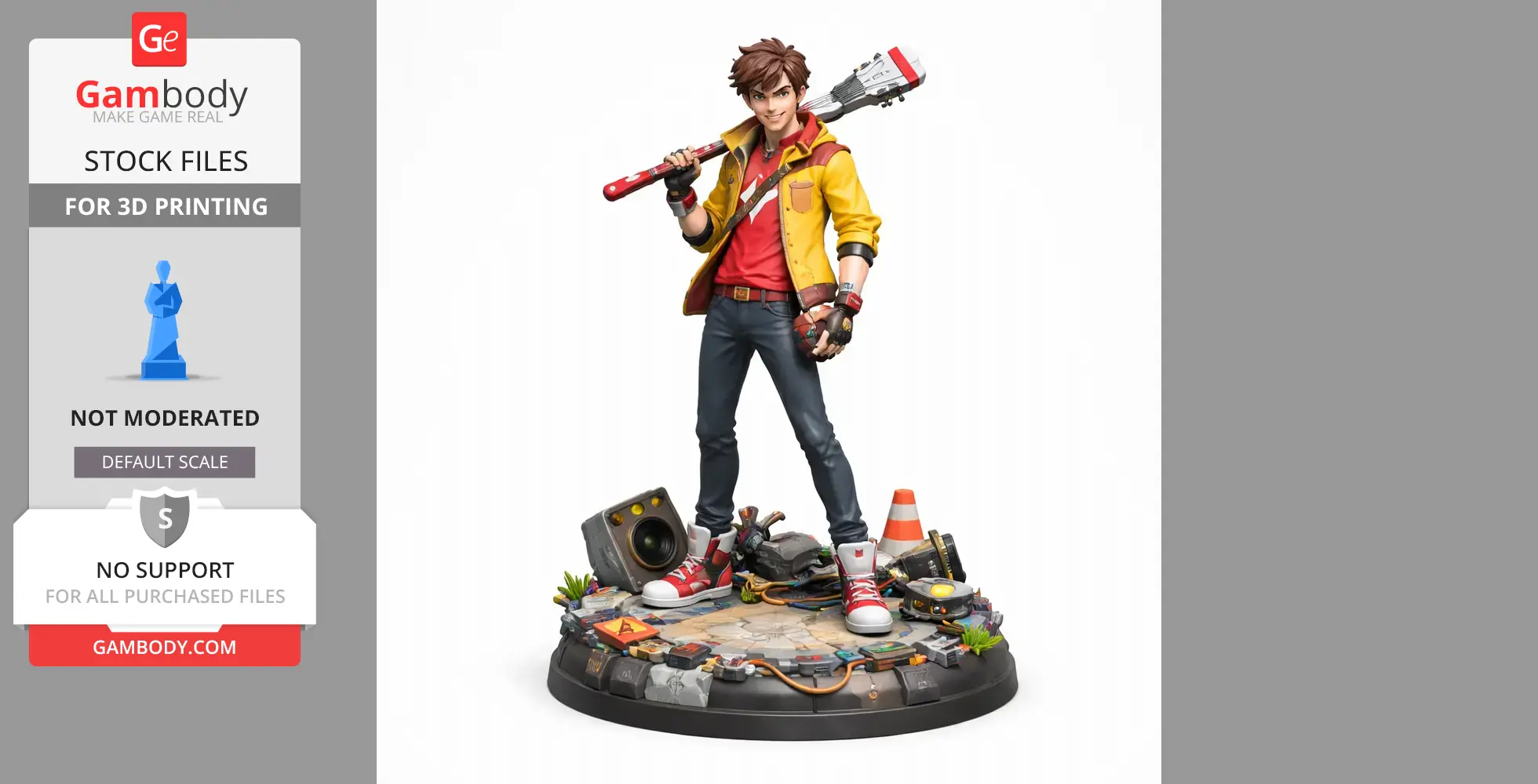 Young male character with guitar, standing on tech-themed base with debris and electronics.