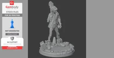 3D model of a character with a guitar on shoulder, standing on debris-themed base.