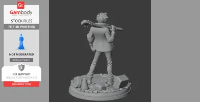 Character figure with a guitar on their shoulder, standing on a detailed base with various objects.