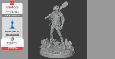 A young character holding a guitar in a dynamic pose, standing on a detailed base with urban elements.
