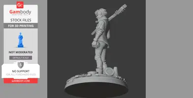 A 3D model of a character with a guitar on their back, standing on a textured circular base.