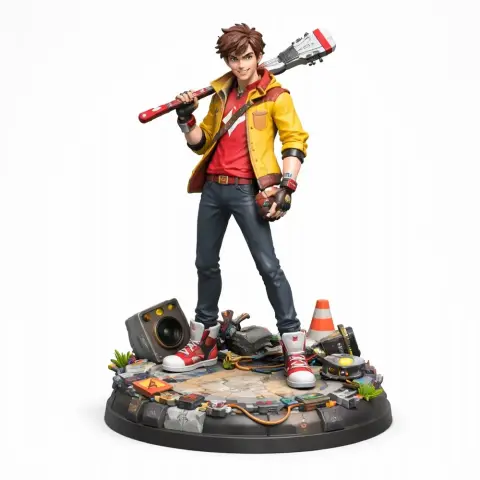 Character in a yellow jacket holding a guitar, standing on a detailed platform with urban elements.