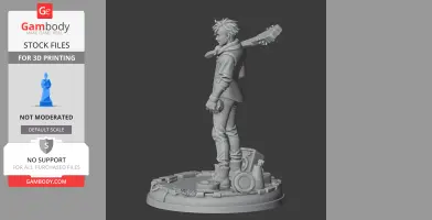 A detailed 3D model of a character with a guitar on their shoulder, standing on a circular platform.