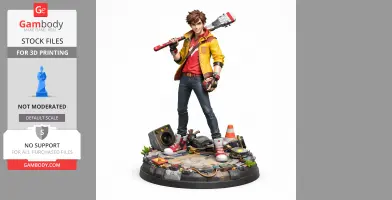 Young male character with guitar, standing on tech-themed base with debris and electronics.