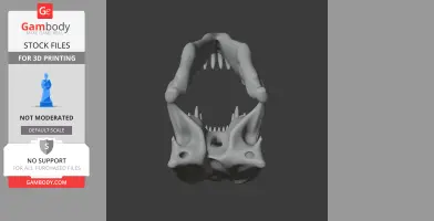3D model of a Postosuchus skull viewed from the front, displaying sharp teeth and detailed bone structure.