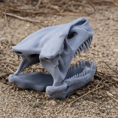 A 3D-printed model of a Postosuchus skull, showcasing sharp teeth, lying on sandy ground.