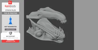 3D model of a Postosuchus skull replica, showcasing open jaws and detailed teeth.