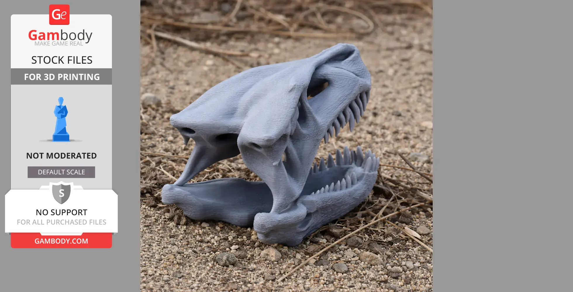Gray 3D-printed Postosuchus skull replica with open jaws, displayed on a sandy surface.