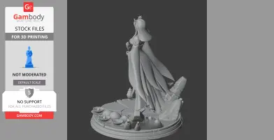 A 3D model of a robed character with a crown, standing on a detailed base with flowers and a statue head.