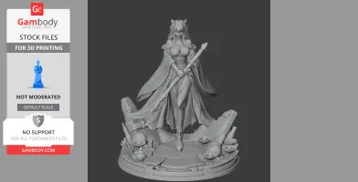 A detailed warrior figure with armor and a staff, standing on a decorative base with plants and ruins.
