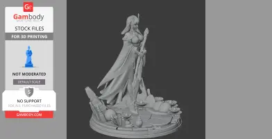 A robed character holding a staff, standing on a detailed base with plants and rocks.