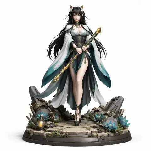 Elegant female warrior with a staff, flowing cape, and mystical rocks on a decorative base.