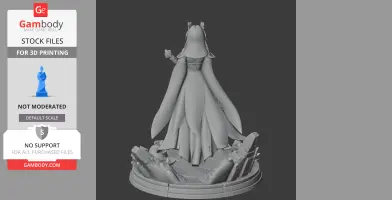 Fantasy character model in flowing attire, standing on a detailed decorative base, ready for 3D printing.