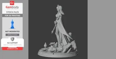 Elegant character figure holding a staff, standing on a detailed base with lotus flowers and lanterns.