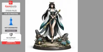 A detailed female character with long hair, in a flowing outfit, holding a staff, standing on a decorated base.
