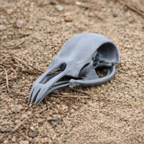 A 3D-printed Potoo bird skull replica rests on sandy ground.