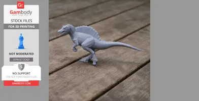 Gray 3D-printed dinosaur figure with a sail-like back, set on a wooden surface.